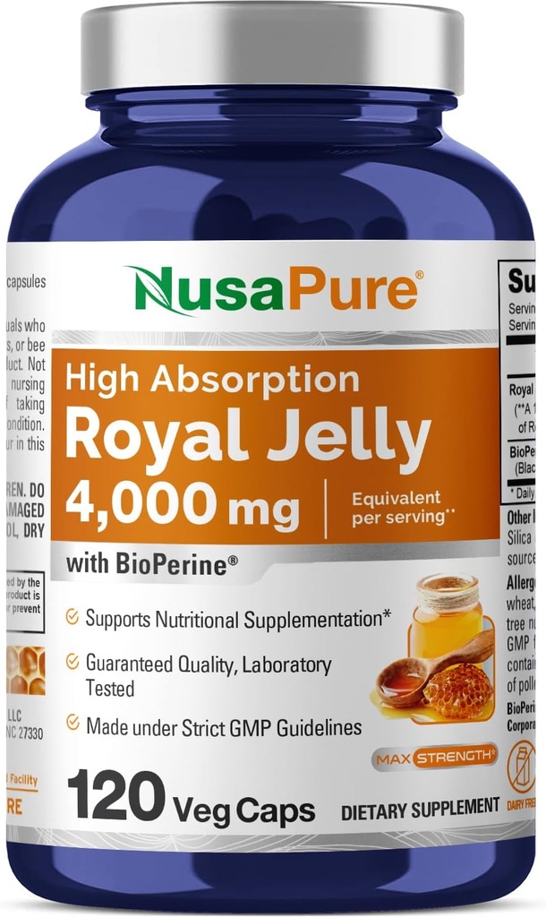 NusaPure Royal Jelly 10:1 Extracto, 400 mg Equivalente a 4000mg - 120 Veggie Capsules (No-GMO, Gluten Free, Bioperine)