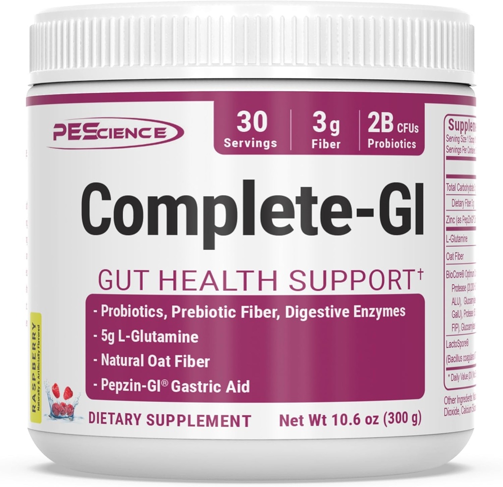 PEScience Full-GI Gut Health Powder, Probiotics for Women and Men, Digestive Enzymes, Prebiotic Fiber, L Glutamine, Pepzin GI Zinc Carnosine, Raspberry Flavor, 30 Servings