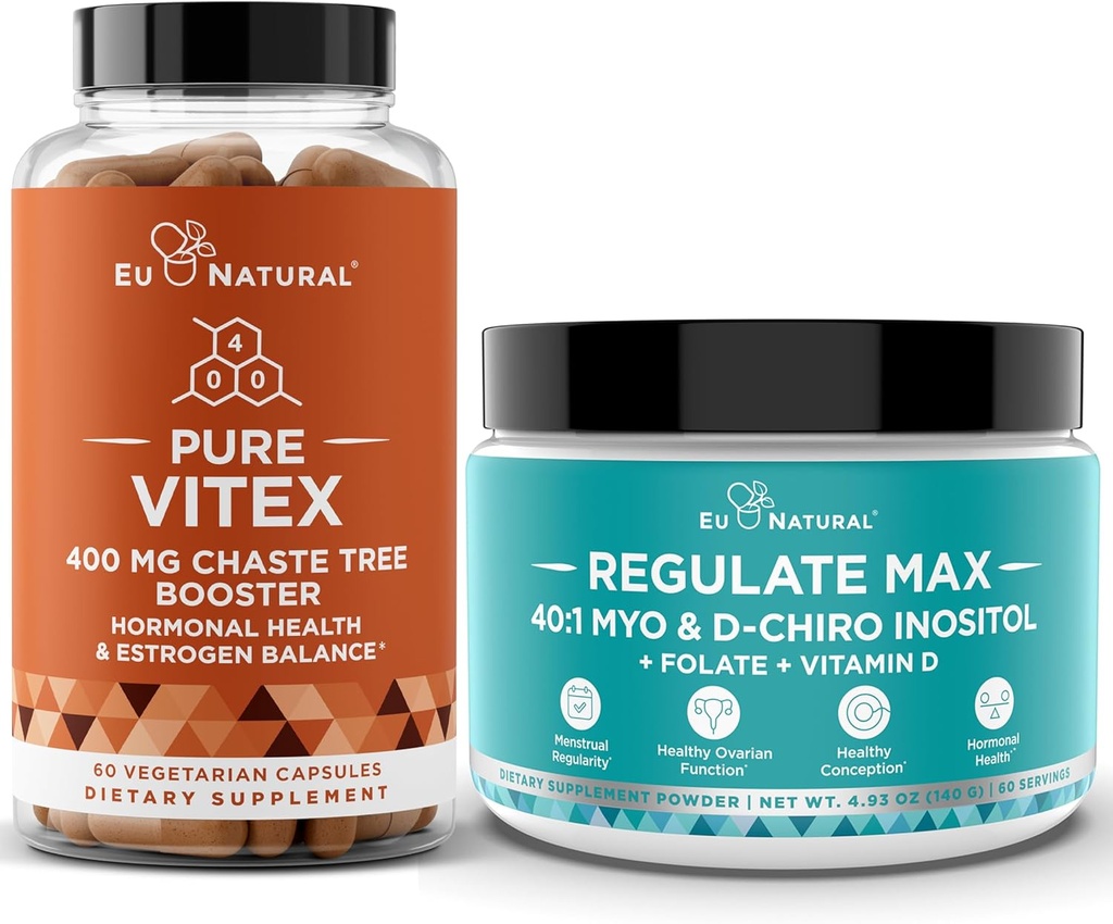Vitex Chasteberry Capsules &amp; Regulate Max Myo-Inositol D-Chiro Inositol Powder - Natural PMS &amp; Fertilidad Soporte, Balance Hormonas, Ciclo Regulador - 60 cápsulas blandas Vegan + 60 Serviciones Inositol Powder