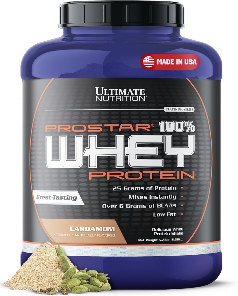 Ultimate Nutrition Prostar Whey Protein Powder Isolate, Cardamon - Low Carb, High Protein Powder Shake for Muscle Gain " Recovery - Low Sodium, Low-Fat & Keto Friendly - 5.28 lbs Tub