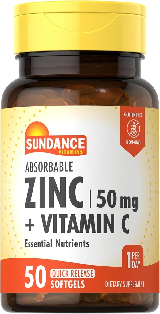 Sundance Absorbable Zinc with Vitamin C ← 50mg tención 50 Softgels ← Nutrientes Esenciales Silenciosos No-OMG y Gluten Suplemento Libre