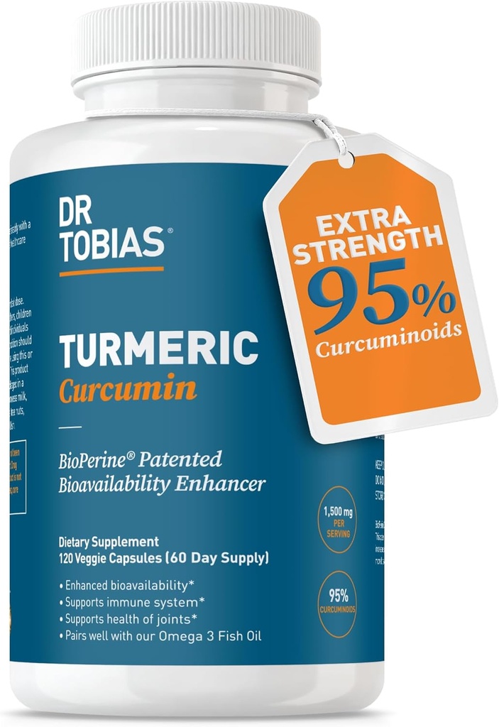 Dr. Tobias Turmeric Curcumin 1500mg con BioPerine – Suplemento Extra de Fuerza con 95% de Curcuminoides para Soporte Conjunto, Vitalidad Global & Immune Health, 120 cápsulas Vegan, No GMO