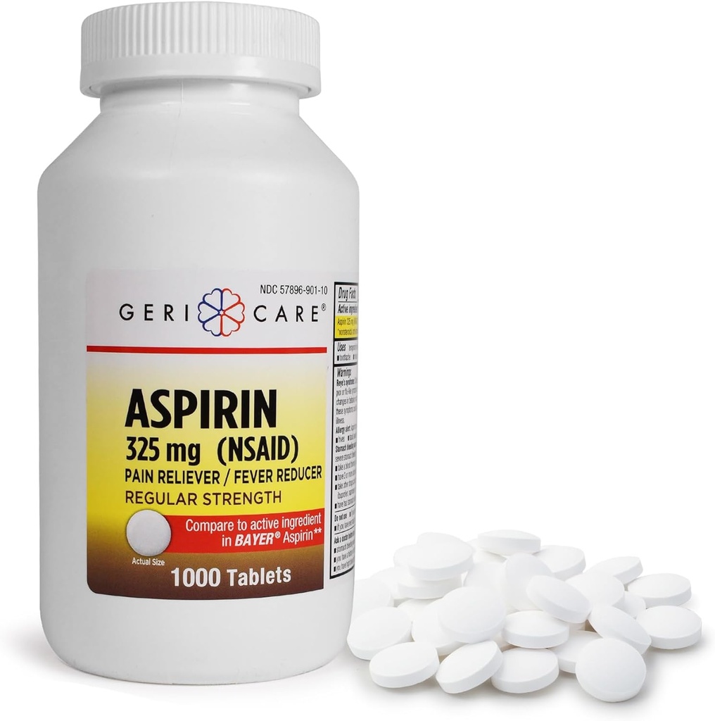 GeriCare Aspirin Tablets 325mg - Dolor Reliever and Fever Reducer Aspirinas no coadas para adultos &amp; niños 12+ (NSAID) Ideal para dolor de cabeza, Toothache, Artritis, Menstrual &amp; Muscle Pain (Botella de 1.000)
