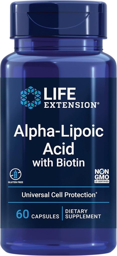 Extensión de la vida Ácido alfa-Lipoico con Biotina, para la protección celular, antioxidante universal para la salud del hígado, libre de gluten, no transgénico, 60 cápsulas