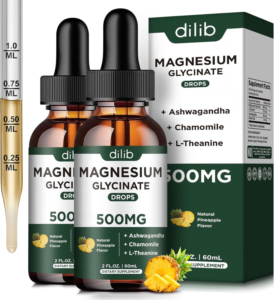 (2 Pack) Magnesium Glycinate Suplemento, Magnesium Liquid Drops with Magnesium Glycinate 500mg Ashwagandha, L - Theanine, Chamomile -Apoyos Optimal Calm Sleep Vegan