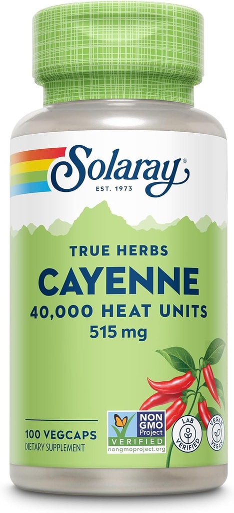 SOLARAY Cayenne Pepper Capsules con Capsaicina - Suplementos de Capsaicina para Potente Wellness Soporte - 40.000 Unidades de Calor por VegCap - Vegan, No-GMO, Gluten-Free, 60-Day Guarantee, 100 Servings