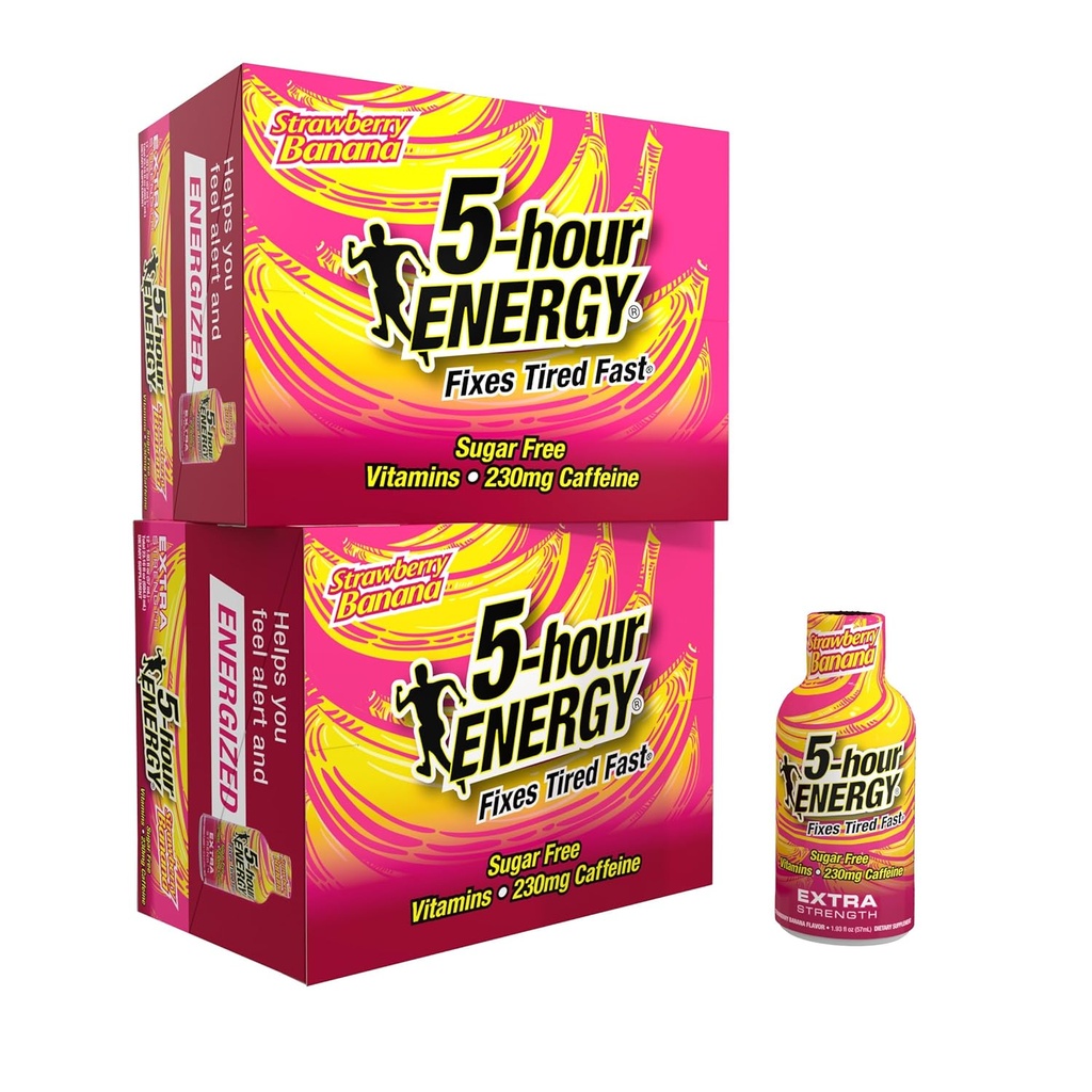 5-hour ENERGY Extra Strength Energy Shot, Strawberry Banana Flavor (1.93 oz., 24 Count) Sugar-Free & Zero Calories, B-Vitamins & Amino Acids, 230mg Caffeinated Energy Shot, Dietary Supplement