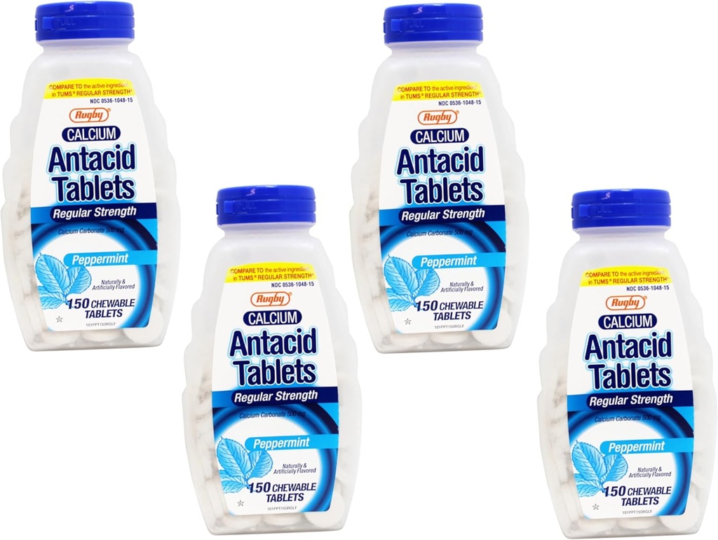 Calcio de Rugby Carbonato 500mg Tablas de antácidos Peppermint, regular Strengh, 150 Tabletas Chewable - 4 Pack