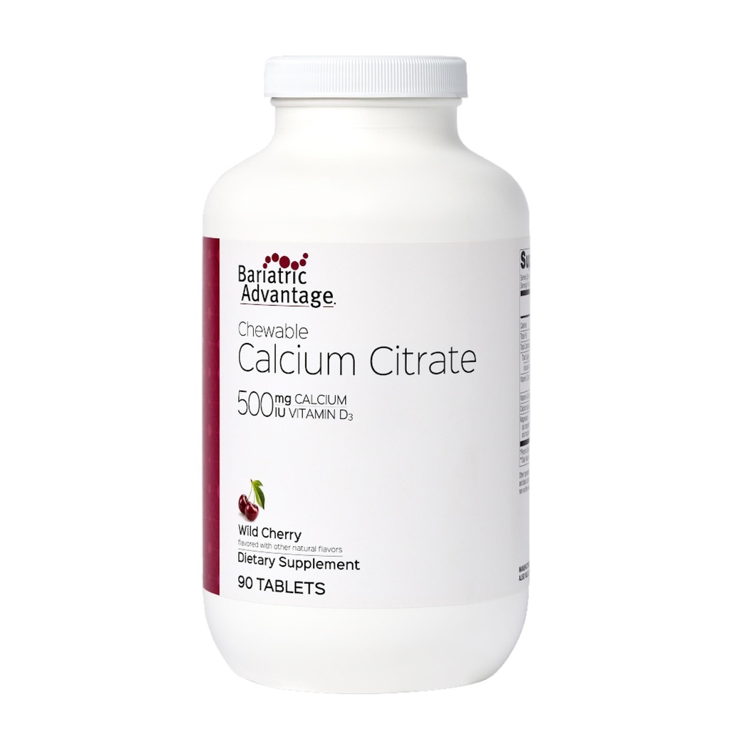 Bariatric Advantage Calcium Citrate Chewable 500mg con vitamina D3 para pacientes de cirugía bariátrica incluyendo bypass gástrico y gastrectomía de manga baja, bajo azúcar - sabor a cereza silvestre, 90 cuenta