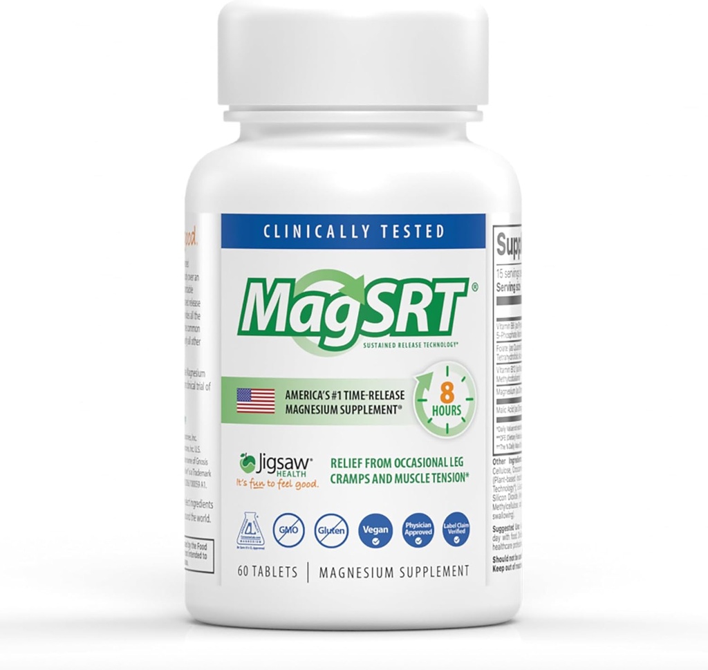 Jigsaw Health MagSRT ← Suplemento de Magnesio con Vitamina B6, Folate " B12  durable 60 Tablets ← 15 Servings