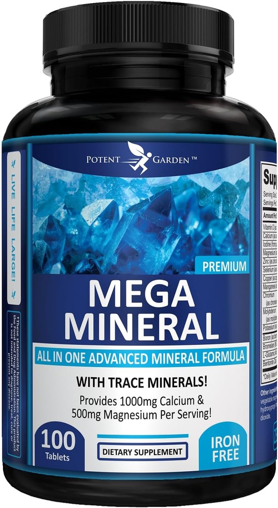 Potent Garden Mega Mineral Suplemento Complejo Mineral Completo con Magnesio de Calcio Zinc Potasio Boron Selenium Chromium & 72 Trace Minerals Iron Suplemento de Calcio Libre -100 Píldoras