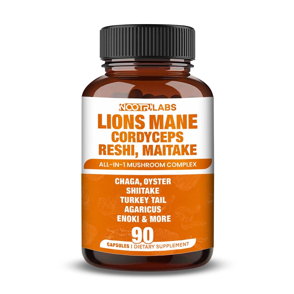 Mushroom Complex 12000mg Capsules - Lions Mane, Cordyceps, Reshi, Maitake - Nootropics Brain, Boosts Memory, Energy, Cognitive Function &amp; Improves Focus, Immune System, Antioxidant - 90 Vegan Capsules