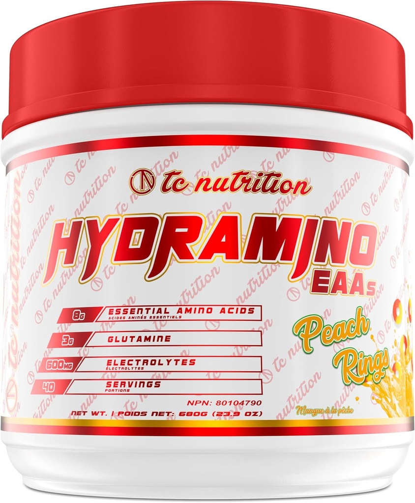 Hidramino EAA + BCAA Powder - 40 Servings - Aminoácidos esenciales Suplemento " Electrolyte Powder for Recovery, Strength, " Hydration, 7g BCAAs, 8g EAAs, 600mg Electrolytes (Vegan, Peach Rings)