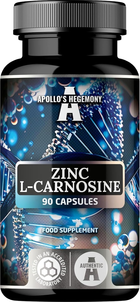 Zinc L-Carnosine 37,5 mg por cápsula, 90 cápsulas Vegan, 3 meses de suministro, suplemento de zinc y aminoácidos Beta-Alanina, por la Hegemonía de Apolo.