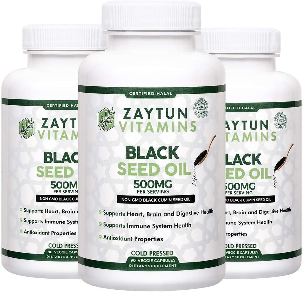 Halal Black Seed Oil (3-Pack) Cold-Pressed Nigella Sativa, Supports Heart, Brain, Joints, Immune Health, Non-GMO, Made in USA - Halal Vitamins