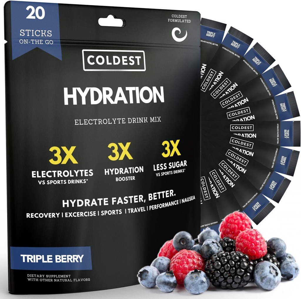 Hidratación Coldest - Electrolytes Embalajes de Polvo - No OGM &amp; No Sugar Artificial - Electrolyte Drink Mix - Easy Open Single-Serving Stick Drop in Water - 20 Sticks per Pack (Triple Berry)