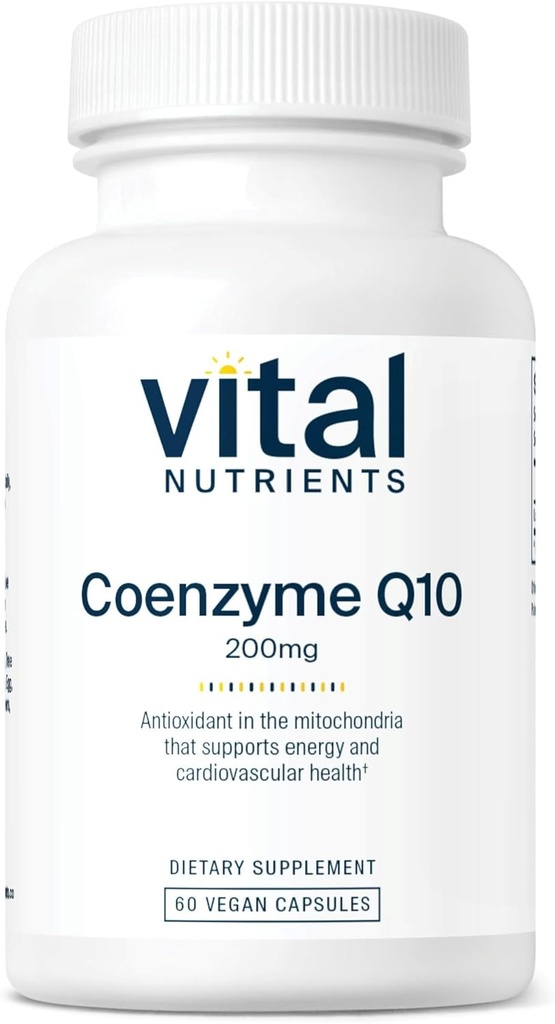 Nutrientes Vitales CoQ10 200mg ← Suplemento Vegan ← Potente Antioxidante de CoEnzyme Q10 para apoyar los niveles de salud y energía del corazón* Silencio Gluten, Dairy y Soy Gratis Silencio No GMO Silencio 60 cápsulas