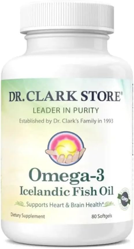Dr Clark Store Omega-3 Islandiaic Fish Oil Suplemento – 1000mg, 80 Softgels, apoya el corazón, cerebro y salud conjunta