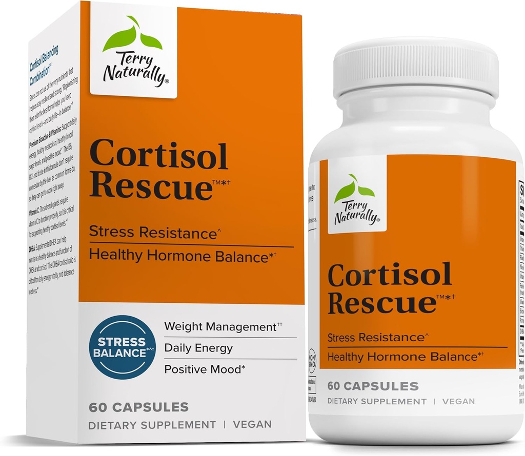 Terry Naturally Cortisol Rescate - Stress Response Support with Vitamin C & Bioactive B Vitaminas - Adrenal Health & Energy Support Suplemento - 60 cápsulas (60 servidumbres)