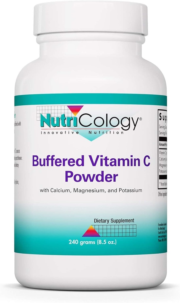 Nutricología Buffered Vitamina C Powder - Calcio, Magnesio, Potasio, Ácido ascórbico, Tolerancia intestinal, Alta pureza, Alta Dosis, Carbonato de calcio - 8,5 Oz