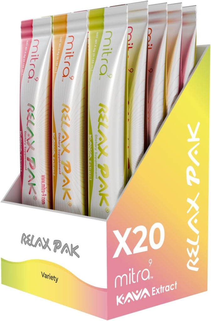 Mitra9 Kava Powder RelaxPak - Variedad Pack Kava Extract Powder Packets ← Mood Enhancer Silencio basado en plantas promueve la calma natural " Clarity " Easy Open Single-Serving Stick (20)