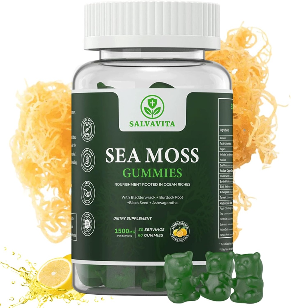 Mar Moss Gummies – Potente 1500mg Servir ← Infundido con Bladderwrack, Burdock Root, Black Seed & Ashwagandha ← Moss del Mar Orgánica ← Lemon Flavor - 60 Gummies