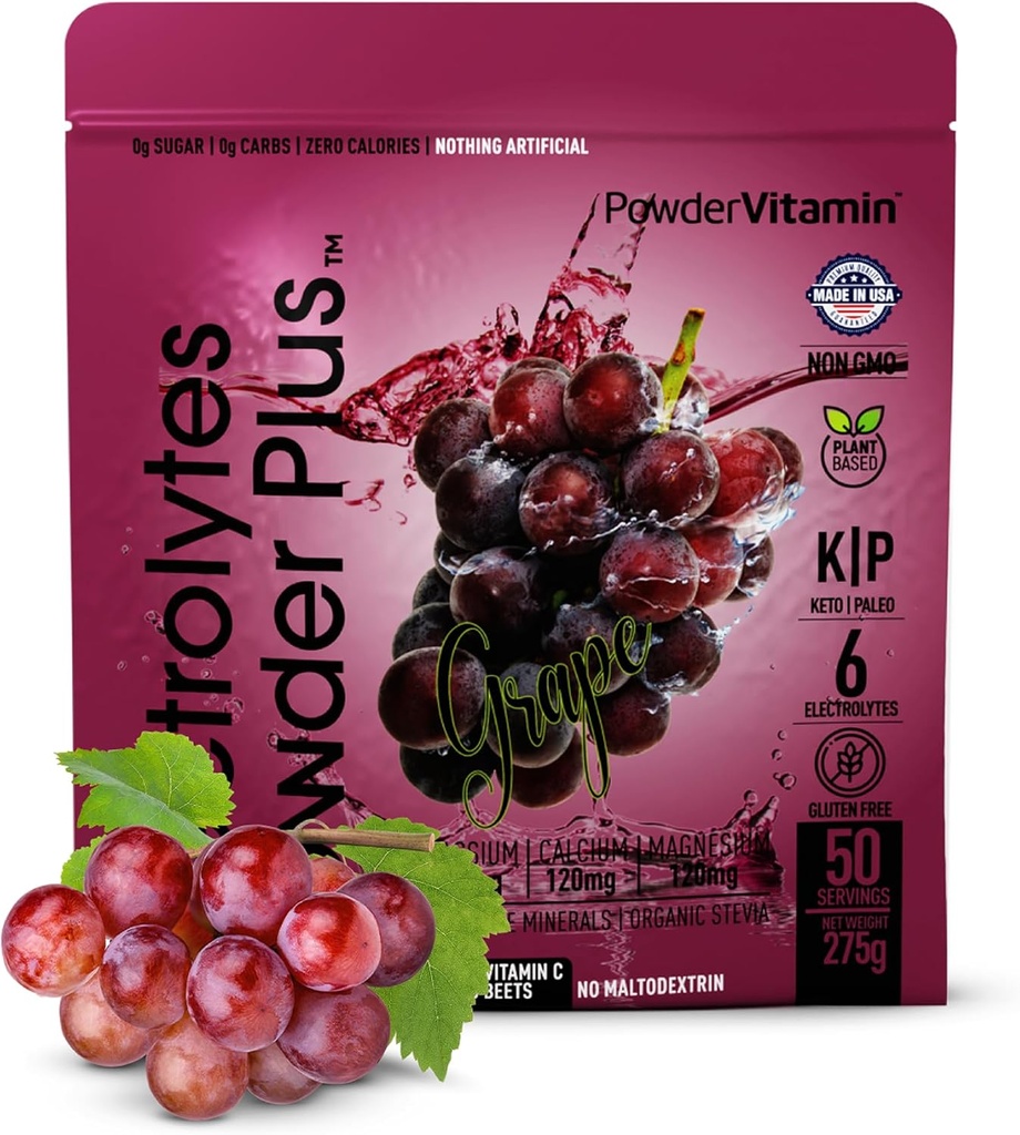 PowderVitamin Electrolytes Powder Plus (50 Servings) Grape Electrolyte Powder Zero Calorie Keto, 0 Sugar, No Maltodextrin,1000mg Potasio, 120mg Calcio,120mg Magnesio, Hidratación Polvo