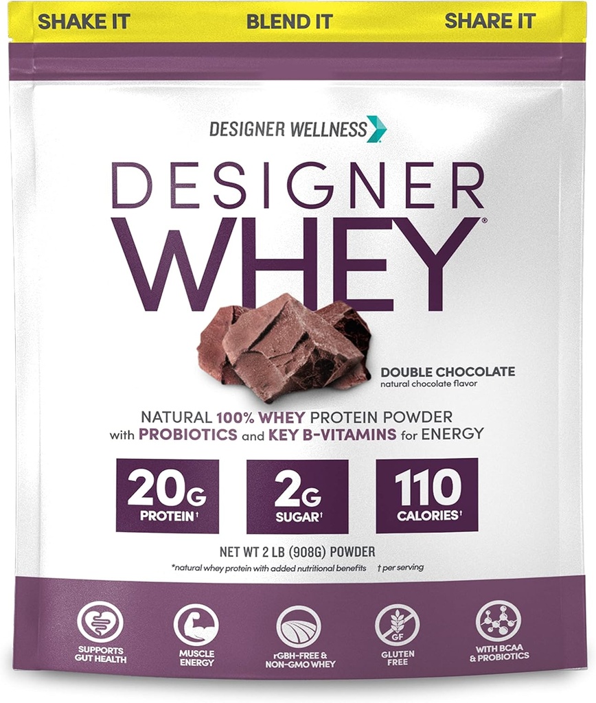 Designer Wellness, Designer Whey, Natural Whey Protein Powder con probióticos, fibra y clave B-Vitamins for Energy, Gluten-Free &amp; Kosher, Double Chocolate, 2 lb