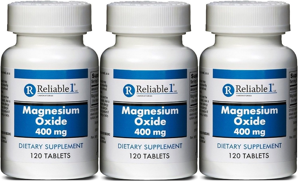 Magnesium Oxide 400 mg Dietary Supplement Tablets Generic MegOx 120 Tablets per Bottle Pack of 3