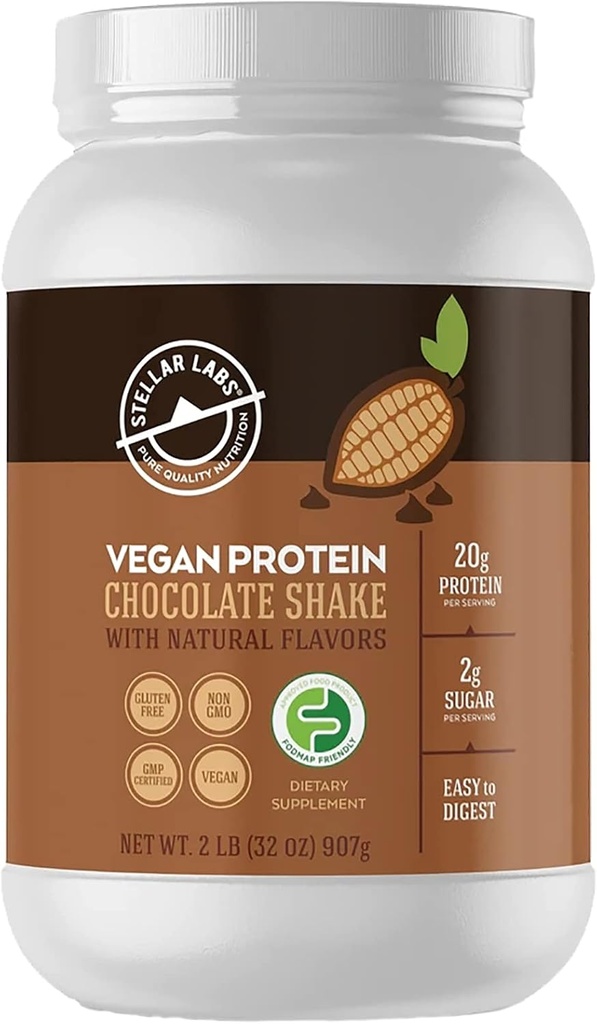 Laboratorios Estelares Pólvora de Proteína Vegan con los antioxidantes de BCAA   Certified Low FODMAP, Non GMO, Gluten Free, Soy Free, Low Carb, con Stevia ¦ Lean Plant Based Protein Powder Shakes ← Chocolate