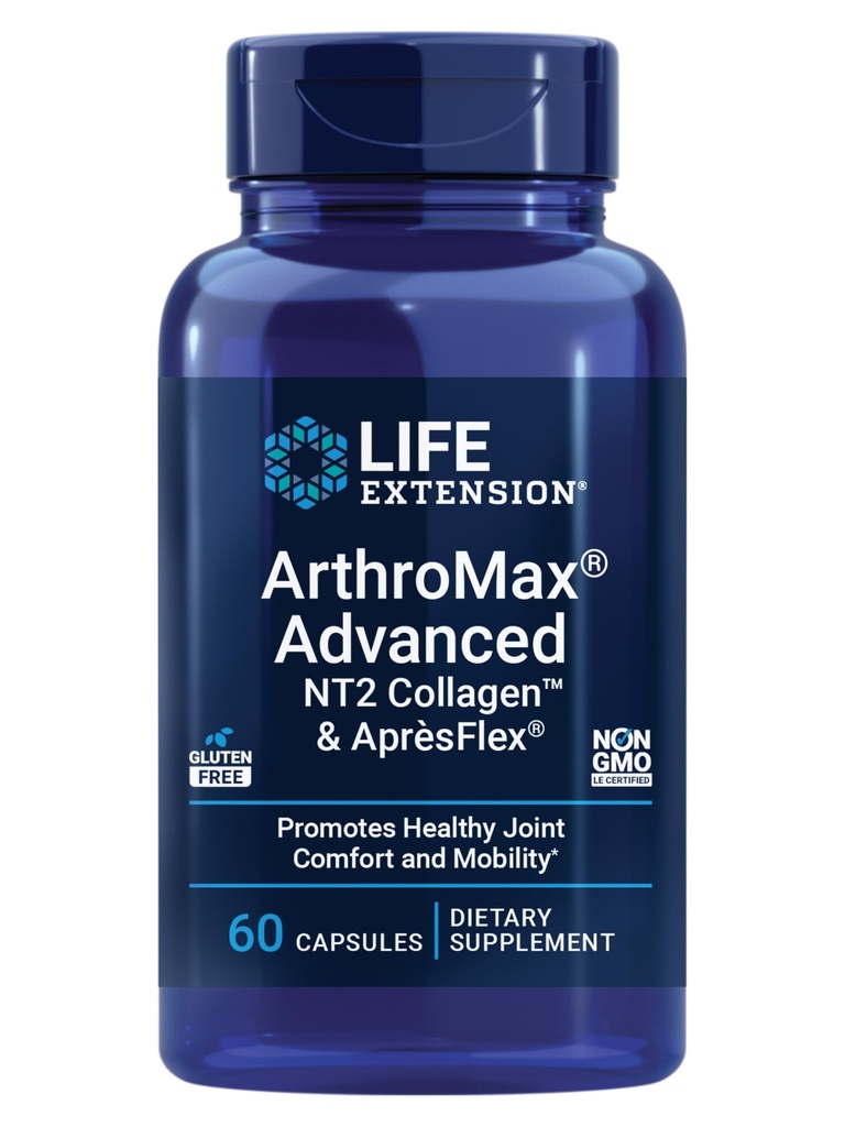 Extensión de vida ArthroMax® Advanced NT2 CollagenTM & AprèsFlex®, sulfato de glucosamina, Boswellia (incienso indio), salud conjunta, movilidad, libre de gluten, no transgénico, 60 cápsulas
