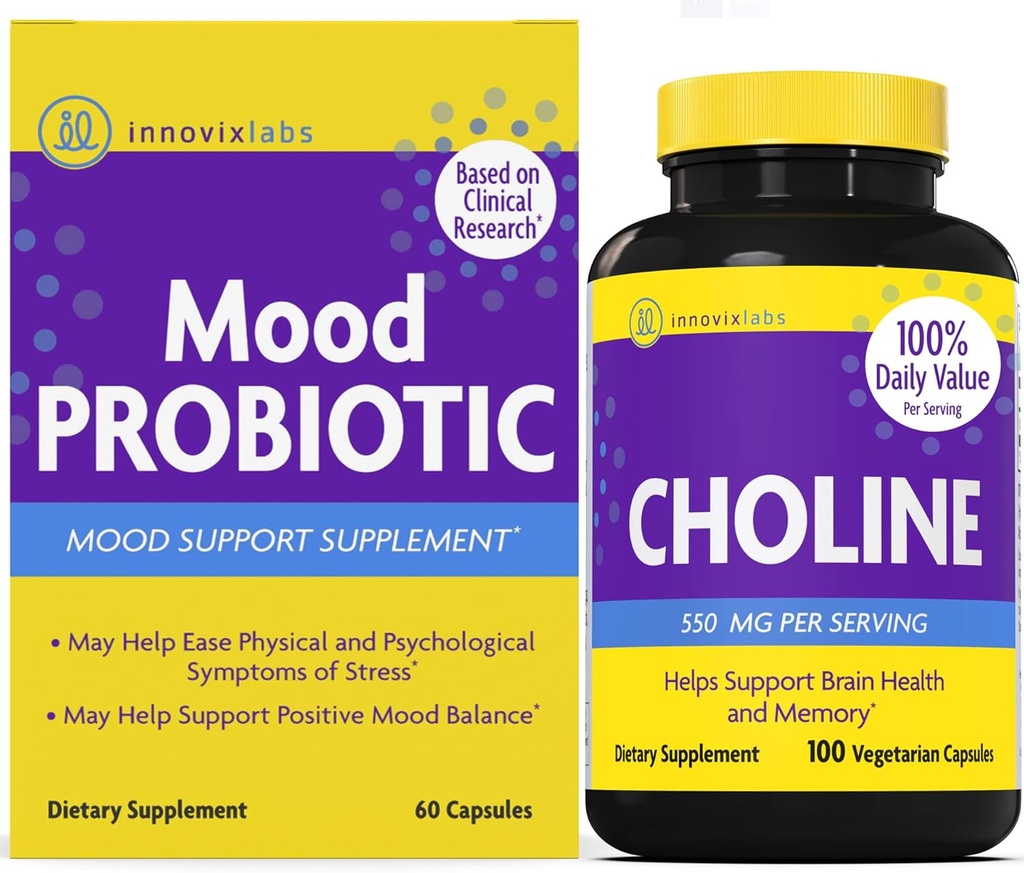 InnovixLabs Choline & Mood Probiotic Bundle Choline Bitartrate 550mg (100 Capsules) Mood Probiotic (60 Capsules). Supports Memory, Mood, Brain Health & Boost Cognitive.*
