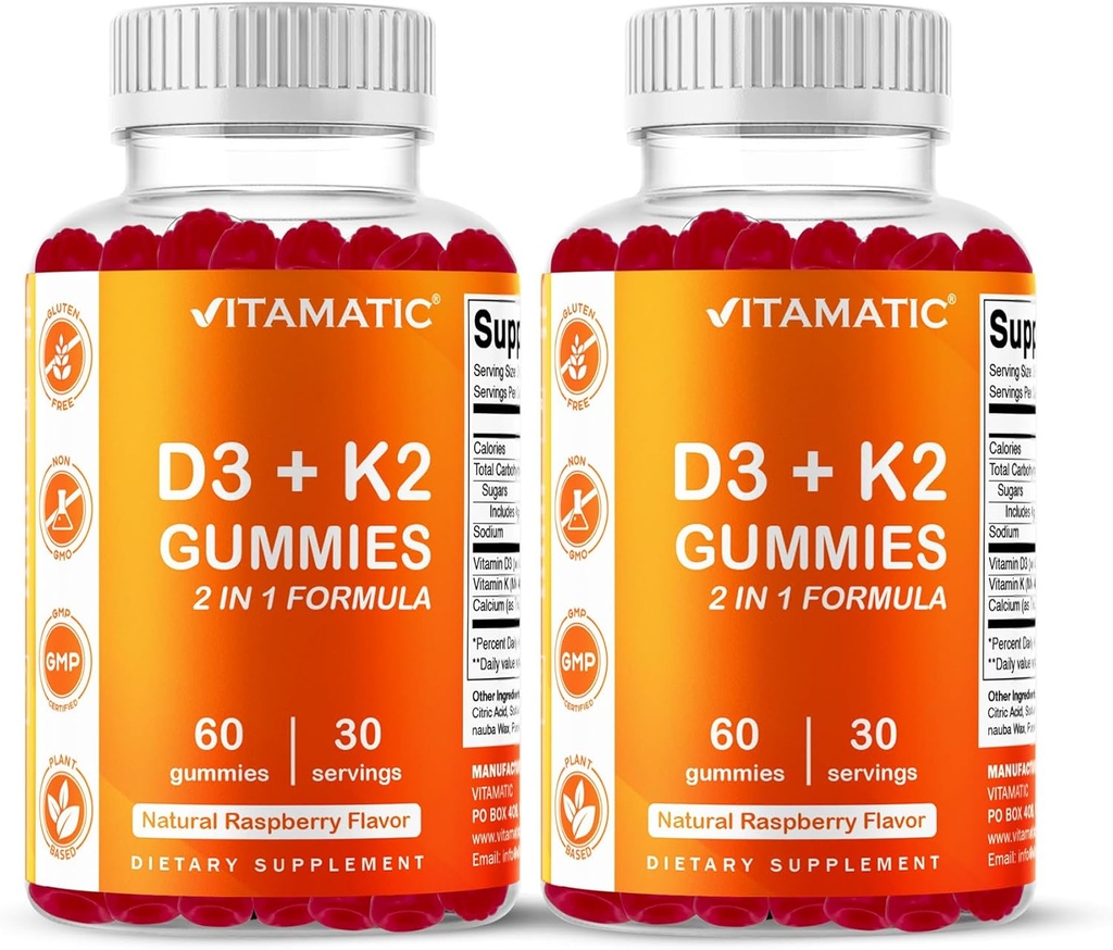 Vitamatic Vitamina D3 &amp; K2 Gummies (2-Pack, 60 Conde) soporta los huesos saludables, la salud cardíaca, la absorción de calcio y la función de inmune Plant-Based, Non-GMO, Gluten-Free