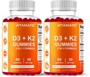 Vitamatic Vitamin D3 & K2 Gummies (2-Pack, 60 Count) Supports Healthy Bones, Heart Health, Calcium Absorption, and Immune Function Plant-Based, Non-GMO, Gluten-Free