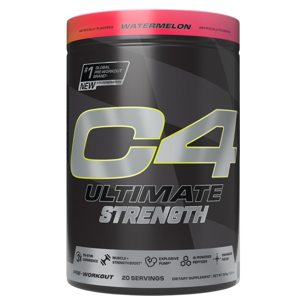 Cellucor C4 Ultimate Strength Pre Workout Powder - Tri-Stim Experience 300mg Caffeine+TeaCrine+Dynamine - Creatine &amp; Beta-Alanine - Suplemento energético para hombres &amp; mujeres - sandía, 20 servicios