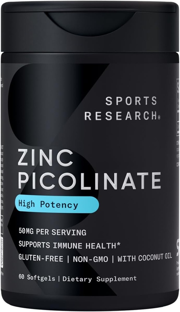Investigación Deportiva Zinc Picolinate 50mg con aceite de coco orgánico ← Altamente Absorbable Zinc Suplemento para la función sana de la inmune - No GMO Verificado, Gluten &amp; Soy Libre (60 Softgeles líquidos)