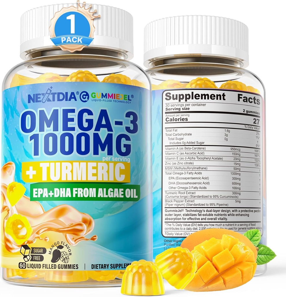Vegan Omega-3 Gummies 1000mg + Turmérico - Omega 3 Fish Oil Alternative for Adults - Algae DHA 600mg &amp; EPA 300mg, Vitaminas A, C, E, Zinc & MSM, Sugar Free, 60 Cts