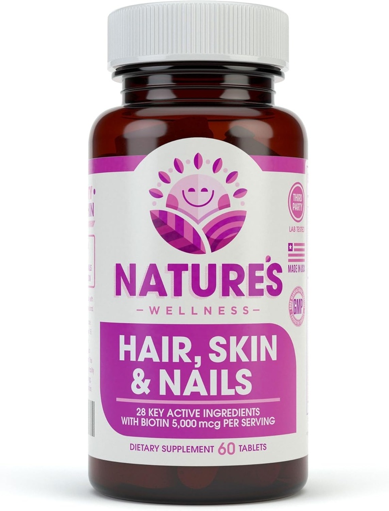 Natures Wellness Hair, Skin & Nails Essential Nourishing Supplement, 60-Count TEN 4000mcg Biotin + Vitaminas A, C y E, B Complex Vitamins, and Advanced Nutrients per Capsule TEN 100% All-Natural