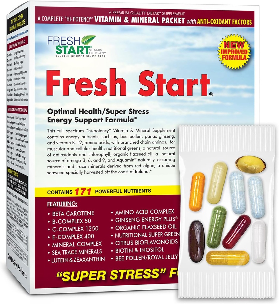 Fresh Start Complete Daily Vitamin Pack ← Energy Booster & Stress Support ← Vitamin A, B, C, D, E, B12, Minerales, Amino Acids, Omega-3-6-9, Panax Ginseng, Super Greens (30 Packets)