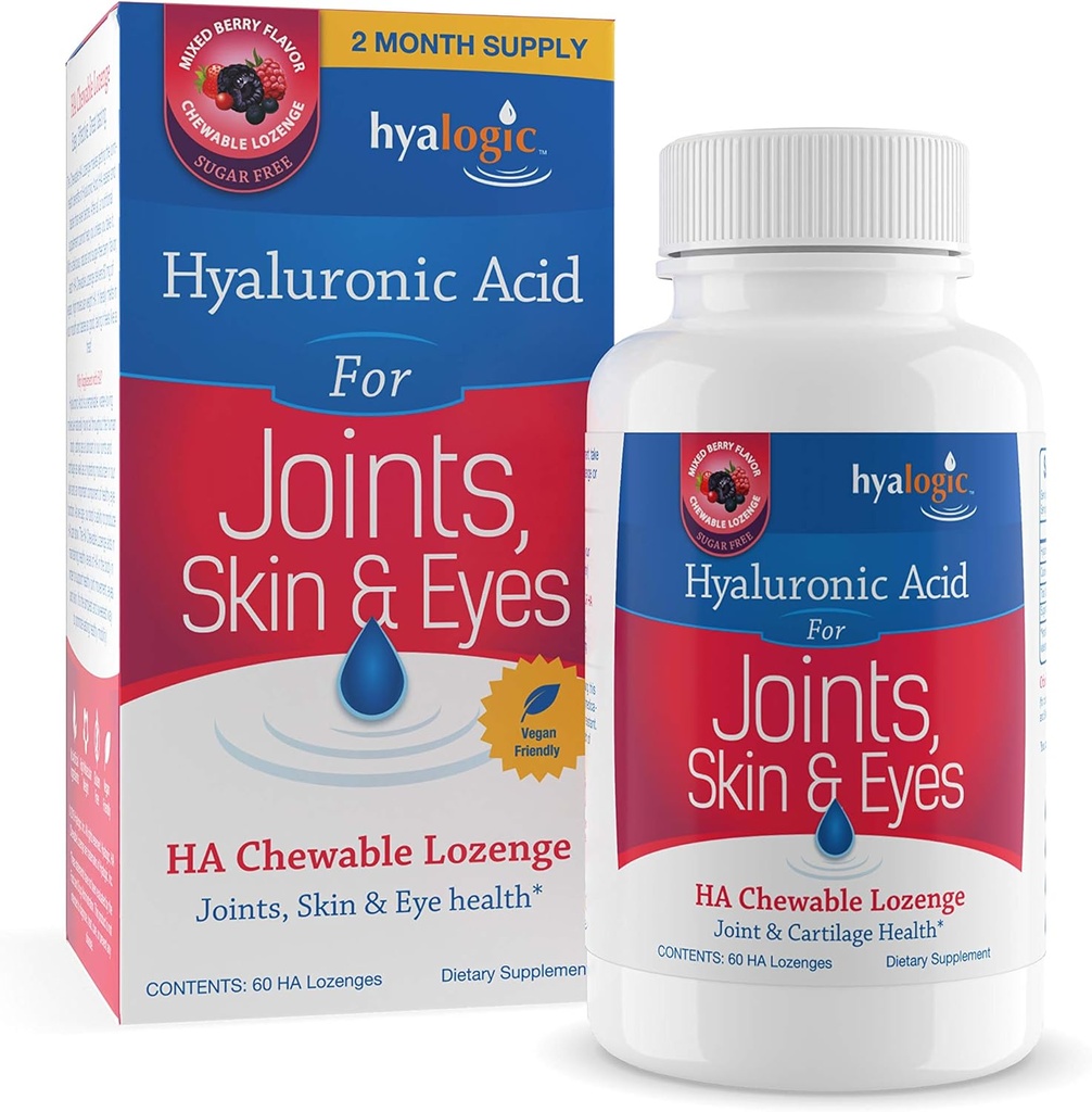 Hyalogic Hyaluronic Acid Chewables 60 Count - Great Tasting Berry Flavored (120mg per 2 Tablets) - Defy Aging Naturally - Sugar Free HA Supplement for Skincare & Eye Health