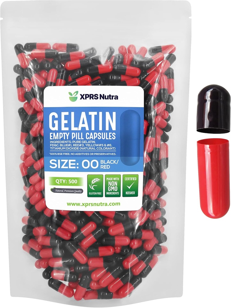 XPRS Nutra Size 00 Empty Capsules - 500 Count Empty Gelatin Capsules - Pills DIY Capsule Filling - Fillable Pill Gel Caps for Do-It-youself Supplements (Black/Red)