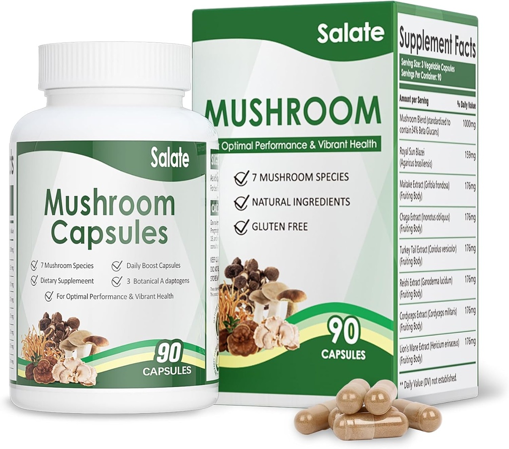 Suplemento de la manguera del león de Salate Extracto orgánico de la memoria y el foco, Immune Soporte Cerebro cápsulas, 100% extractos del cuerpo de frutas, No Mycelium Vegan Mushroom Suplemento (90 caps)