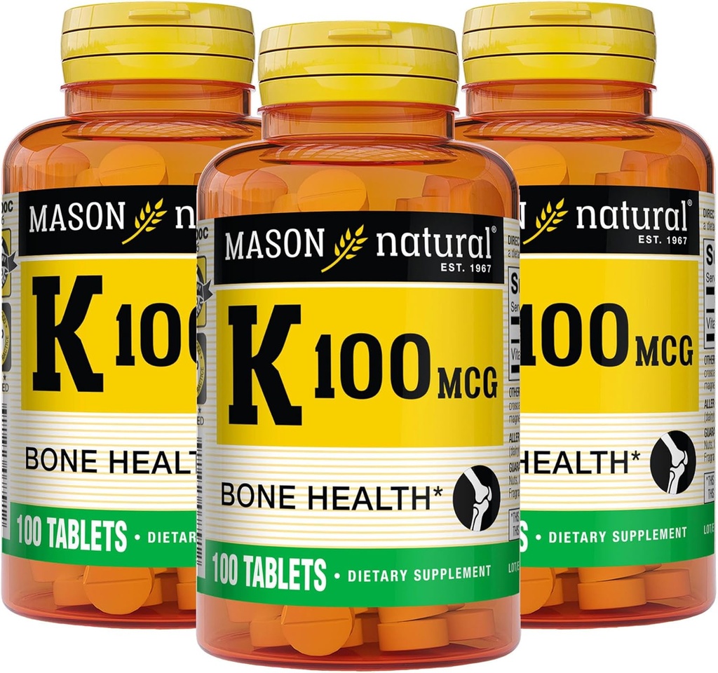 MASON NATURAL Vitamina K 100 mcg, soporta el hueso " salud conjunta, ayuda a la absorción de calcio, 100 tabletas, paquete de 3