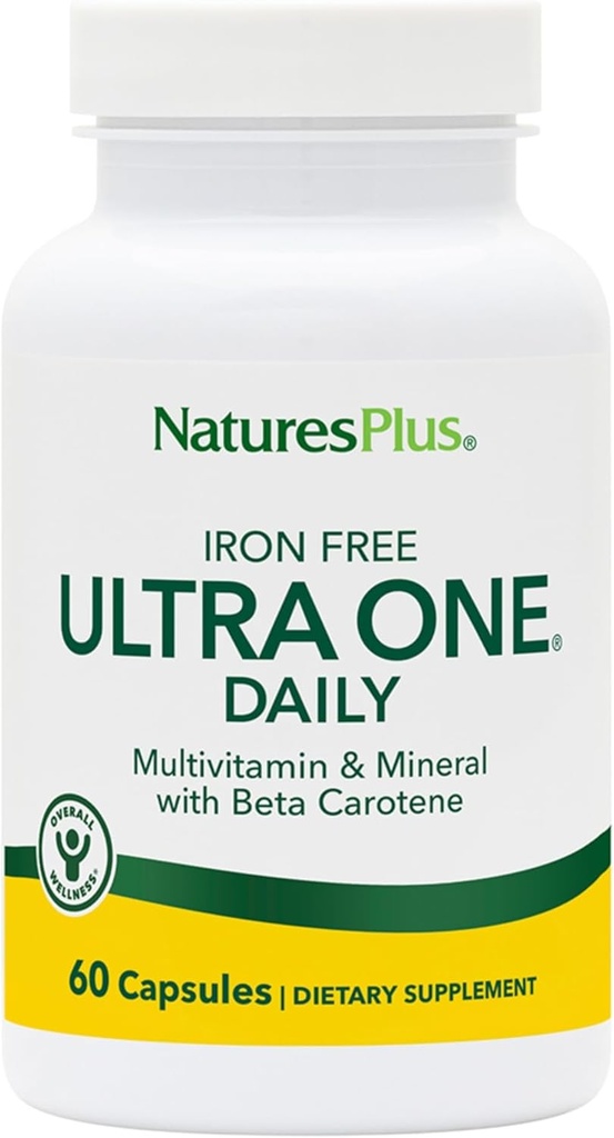 NaturesPlus Ultra One Daily Iron Gratis - 60 Fast-Acting Capsules - Multivitamin & Mineral with Beta Carotene - Vegan, Gluten Gratis - 60 Servings