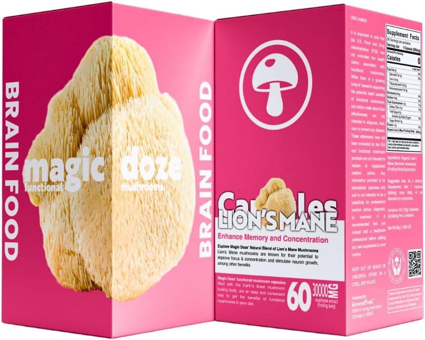 Magic DozeTM Capsules de setas Mane de León - 100% Cuerpo de Fruto para el Focus, Memoria & Brain Health – 500 mg por cápsula, 60 cápsulas Vegan