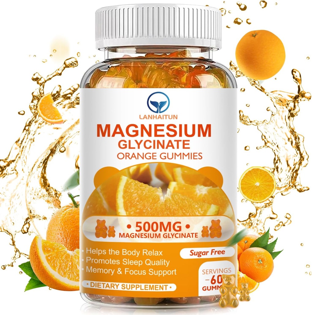 Magnesium Glycinate 500mg Gummies with 100mg Magnesium L-Threonate for Adult Kids,Magnesium Gummies Sugar suplemento de potasio con vitamina D,B6,CoQ10 (60 Pack, Orange)