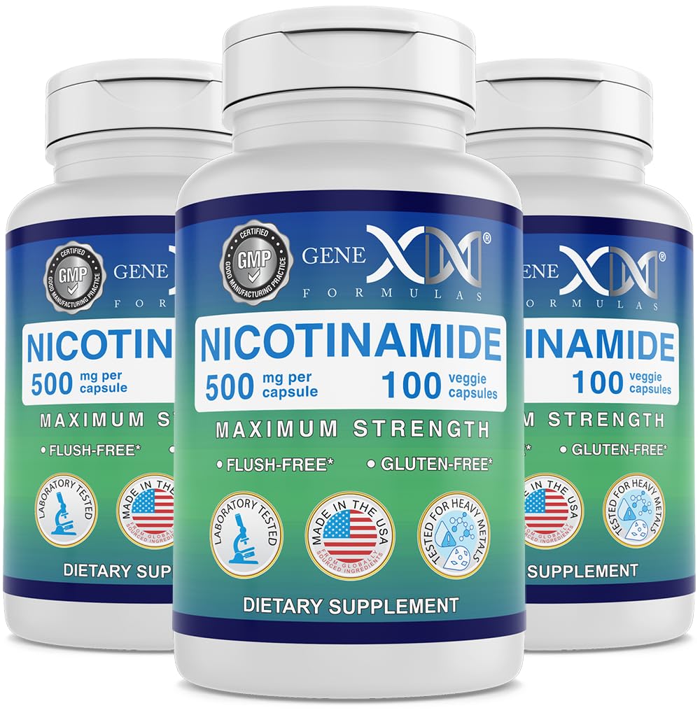 Genex Formulas Nicotinamide 500mg (3-Pack) Vitamin B3 Flush Free Niacin Capsules for Healthy Skin - Niacinamide Supplement Pills help Produce Keratin & Support Skin Cell Health & Energy (300 Capsules)