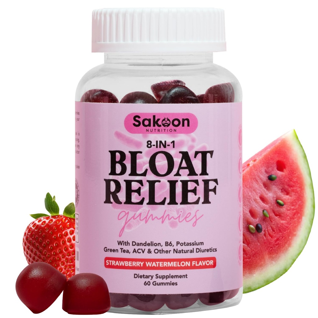 Nutrición de Sakoon Bloating Gummies para Mujeres - Té Verde, ACV, Dandelion, Hoja de Buchu, Apoyo a la Digestión Natural, 60 Gummies, Watermelon Flavor