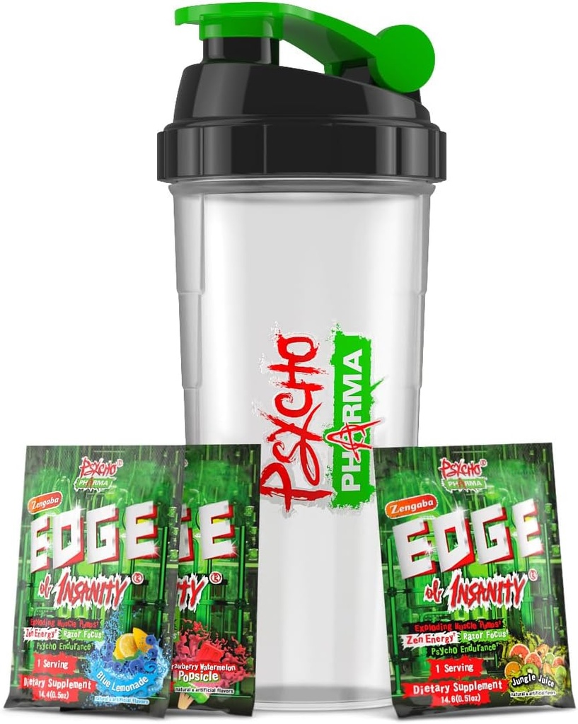 Psycho Pharma Edge of Insanity Pre Workout – Strongest High Stim Powder for Intense Pumps, Strength, Energy & Focus – 3 Sample Flavors + Free Shaker Cup (Jungle Juice, Blue Lemonade, Strawberry)