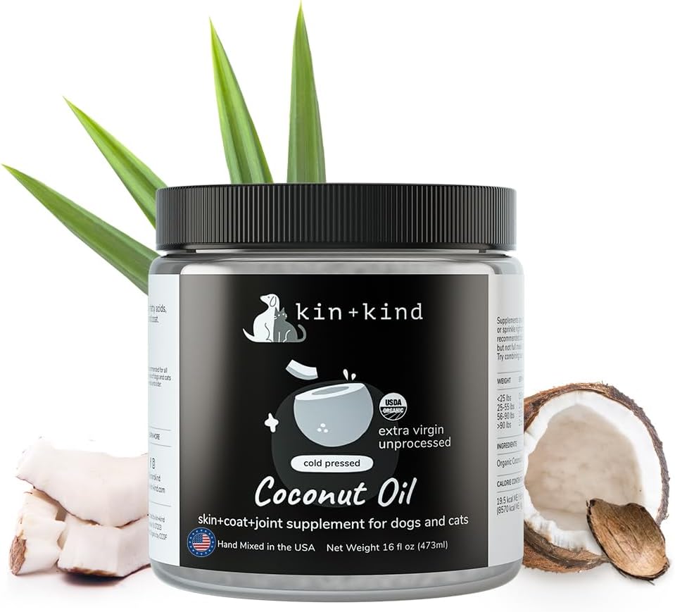 Orgánica de aceite de coco Pet Suplemento para perros &amp; gatos - Natural Skin and Coat Support with Cold Presionado Extra Virgin Coconut Oil - Itchy Skin &amp; Dry Cracked Noses - Made in USA - 16 fl oz (Large)